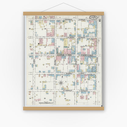 Old map wall art mockup — magnetic wood frame on white wall — Sanborn Fire Insurance Map from Laredo, Webb County, Texas (1889), Sheet #0002