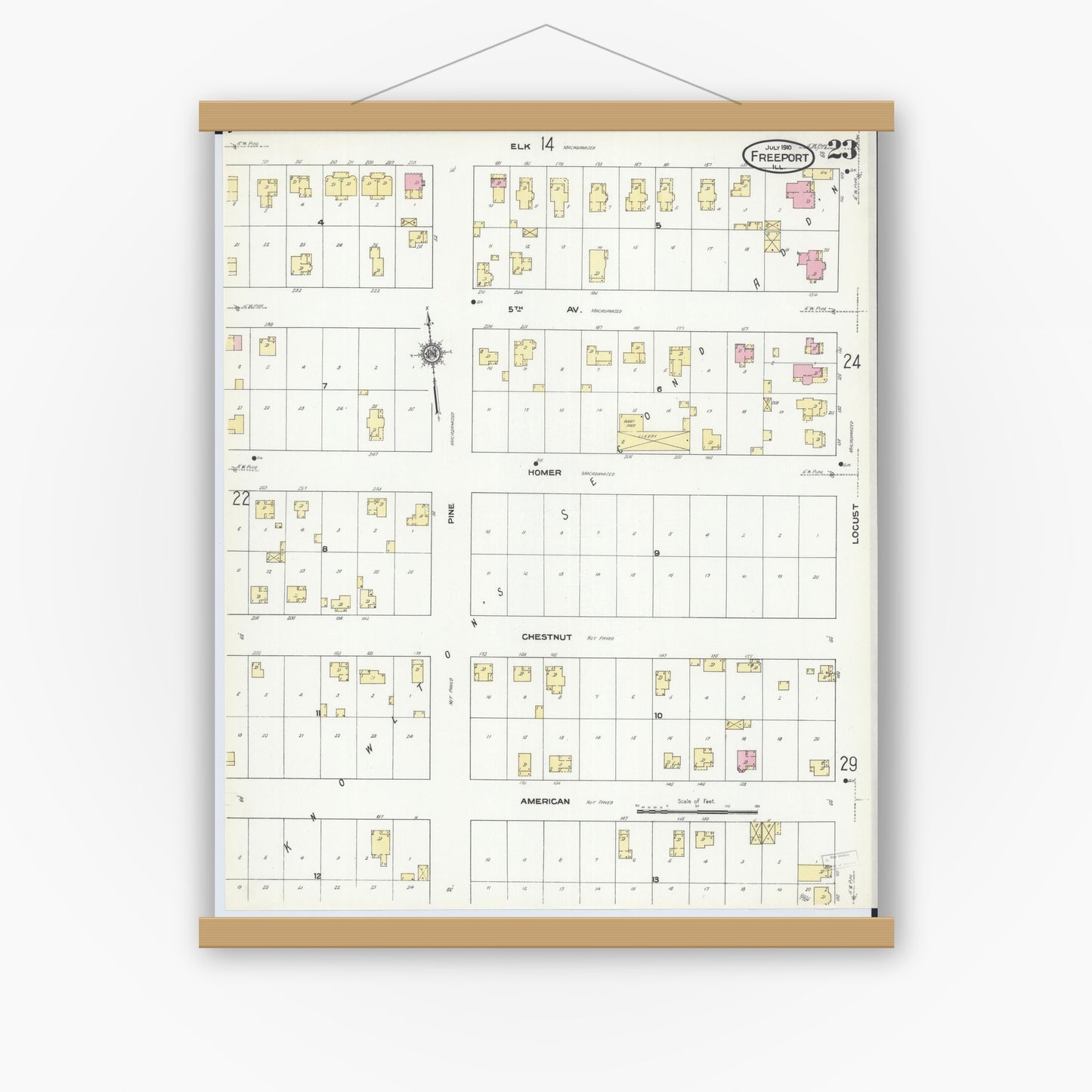 Old map wall art mockup — magnetic wood frame on white wall — Sanborn Fire Insurance Map from Freeport, Stephenson County, Illinois (1910), Sheet #0023