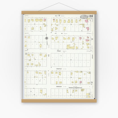 Old map wall art mockup — magnetic wood frame on white wall — Sanborn Fire Insurance Map from Freeport, Stephenson County, Illinois (1910), Sheet #0023