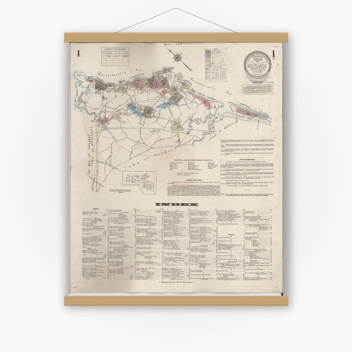 Old map wall art mockup — magnetic wood frame on white wall — Sanborn Fire Insurance Map from Scituate, Plymouth County, Massachusetts (1944) - Complete Map Set