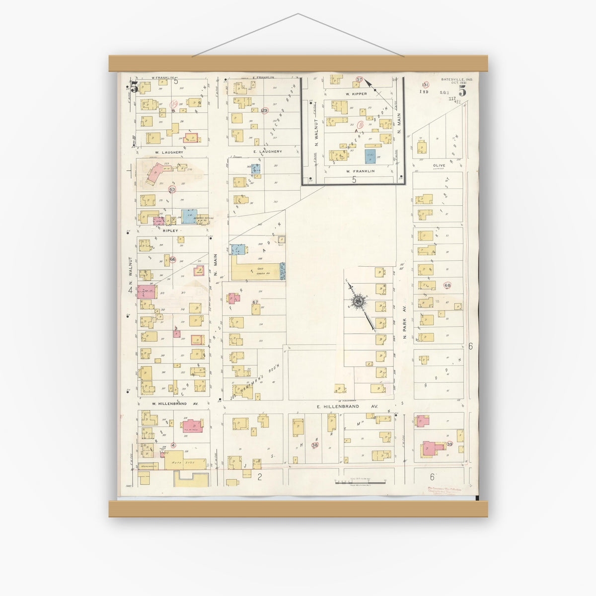 Old map wall art mockup — magnetic wood frame on white wall — Sanborn Fire Insurance Map from Batesville, Ripley County, Indiana (1948), Sheet #0005