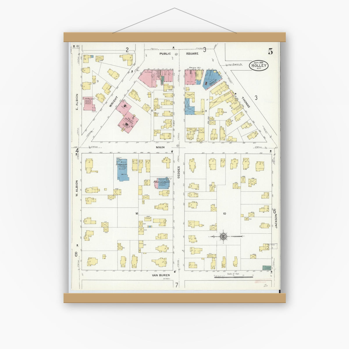 Old map wall art mockup — magnetic wood frame on white wall — Sanborn Fire Insurance Map from Holley, Orleans County, New York (1909), Sheet #0005
