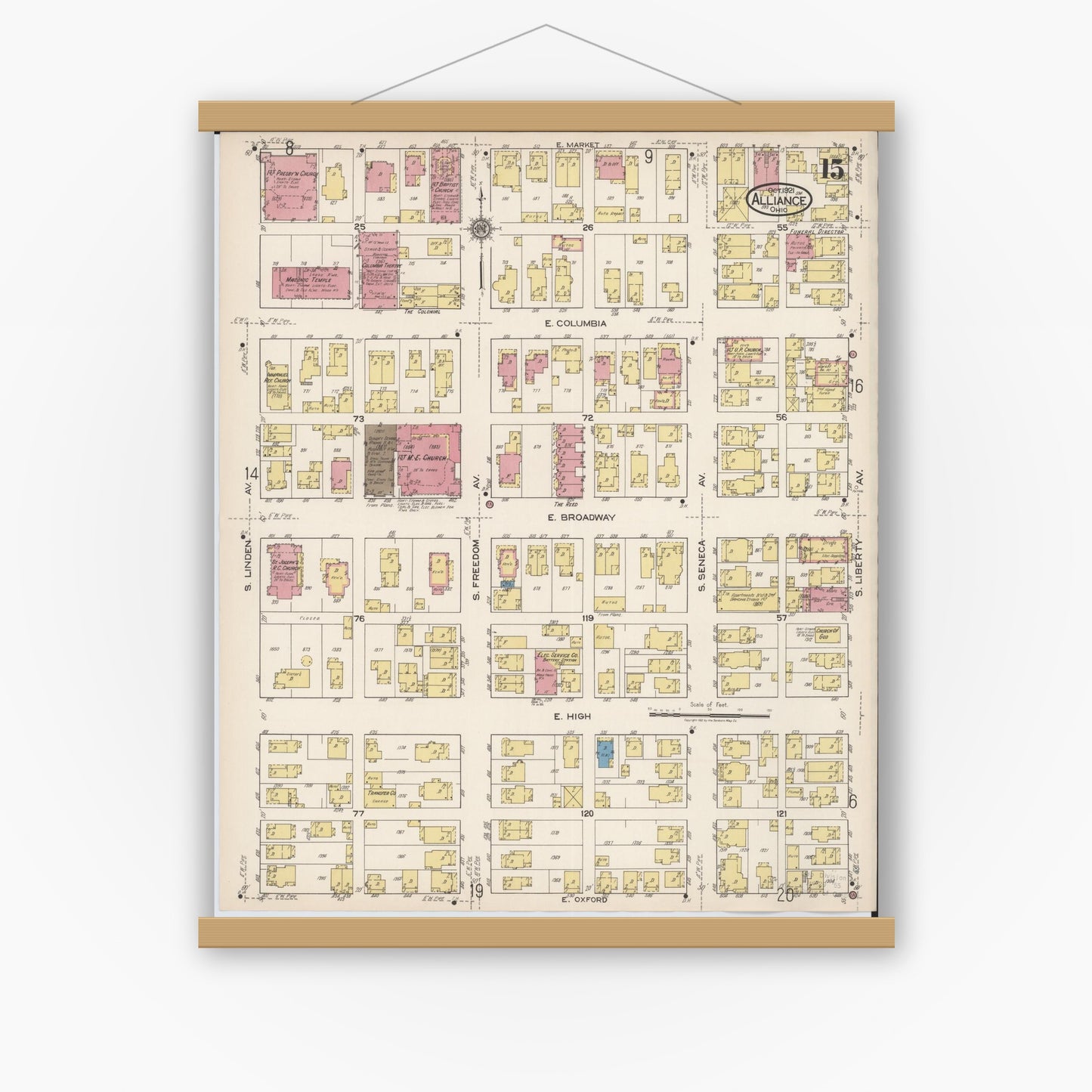 Old map wall art mockup — magnetic wood frame on white wall — Sanborn Fire Insurance Map from Alliance, Stark County, Ohio (1921), Sheet #0015
