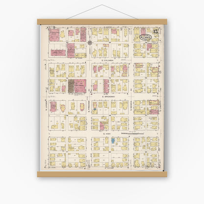 Old map wall art mockup — magnetic wood frame on white wall — Sanborn Fire Insurance Map from Alliance, Stark County, Ohio (1921), Sheet #0015