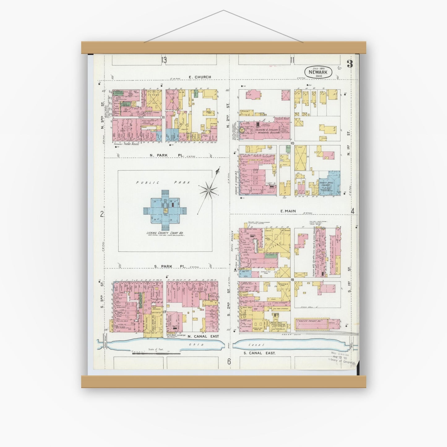 Old map wall art mockup — magnetic wood frame on white wall — Sanborn Fire Insurance Map from Newark, Licking County, Ohio (1899), Sheet #0003