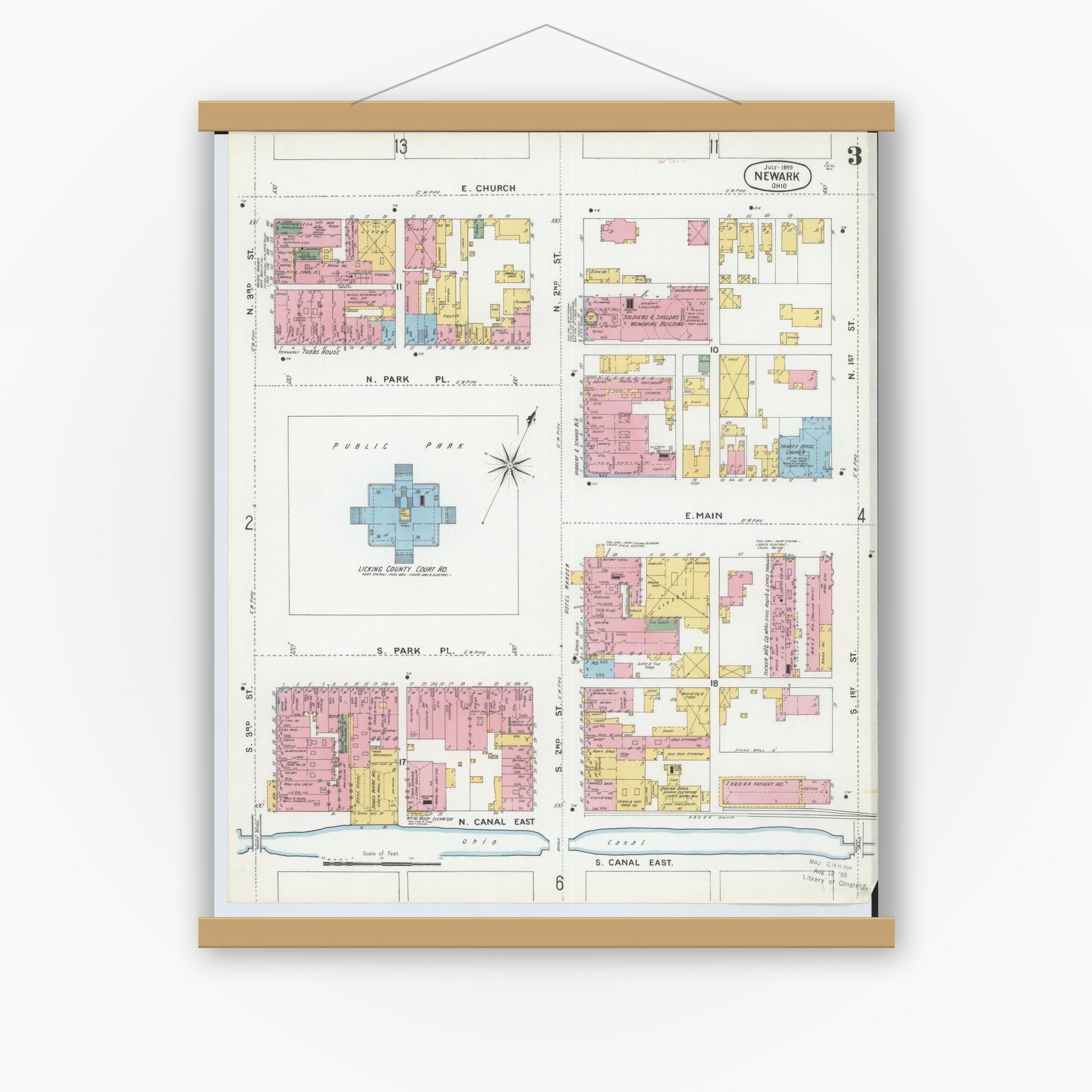 Old map wall art mockup — magnetic wood frame on white wall — Sanborn Fire Insurance Map from Newark, Licking County, Ohio (1899), Sheet #0003