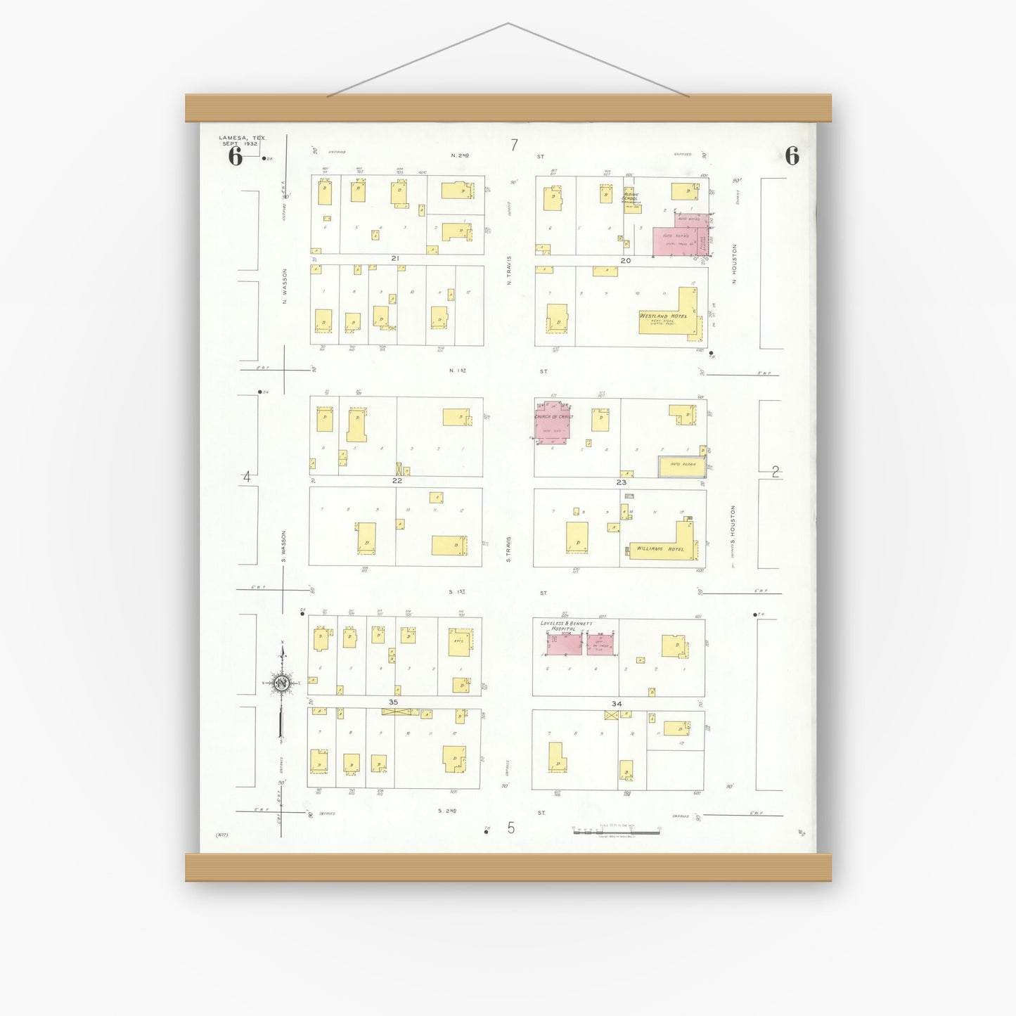 Old map wall art mockup — magnetic wood frame on white wall — Sanborn Fire Insurance Map from Lamesa, Dawson County, Texas (1932), Sheet #0006