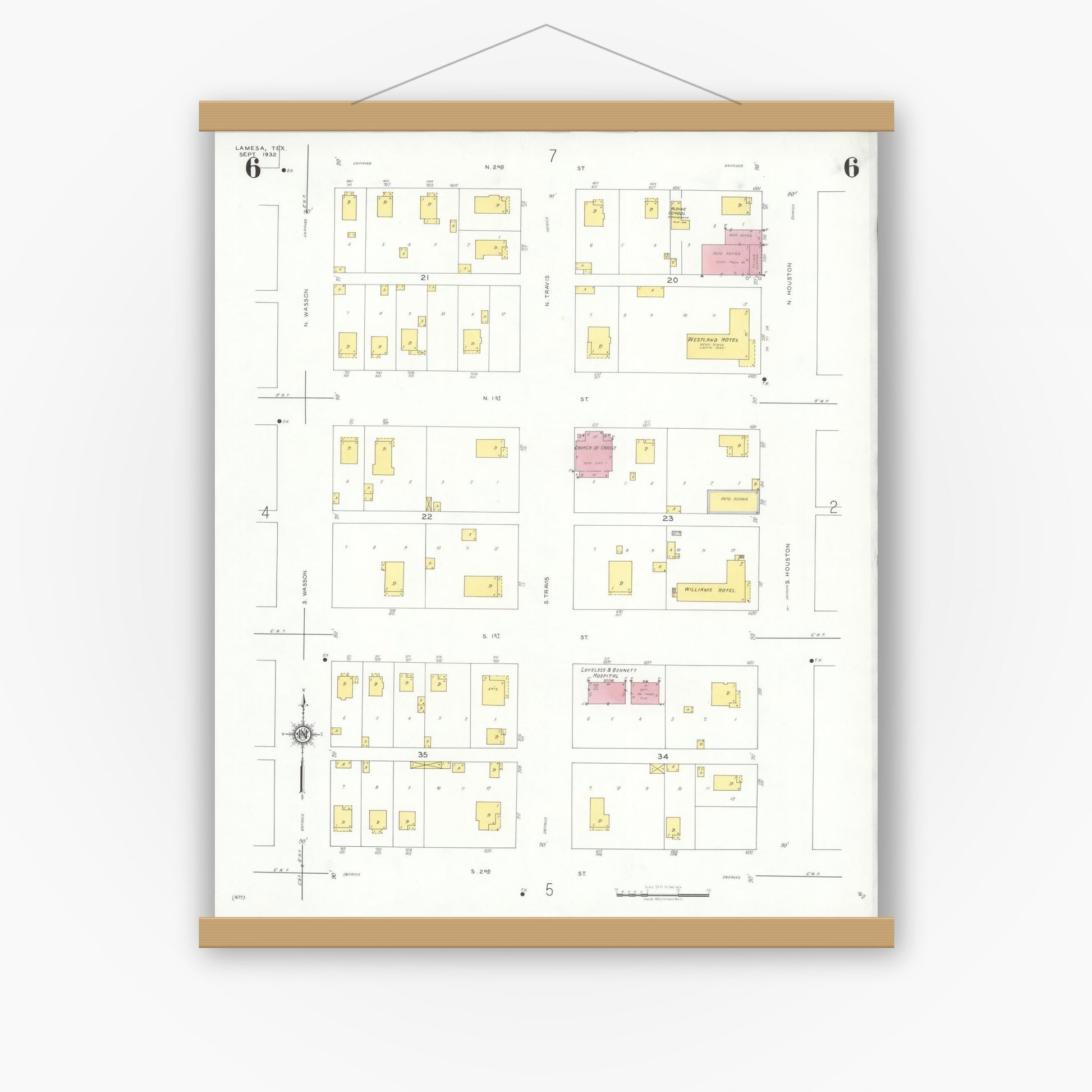 Old map wall art mockup — magnetic wood frame on white wall — Sanborn Fire Insurance Map from Lamesa, Dawson County, Texas (1932), Sheet #0006