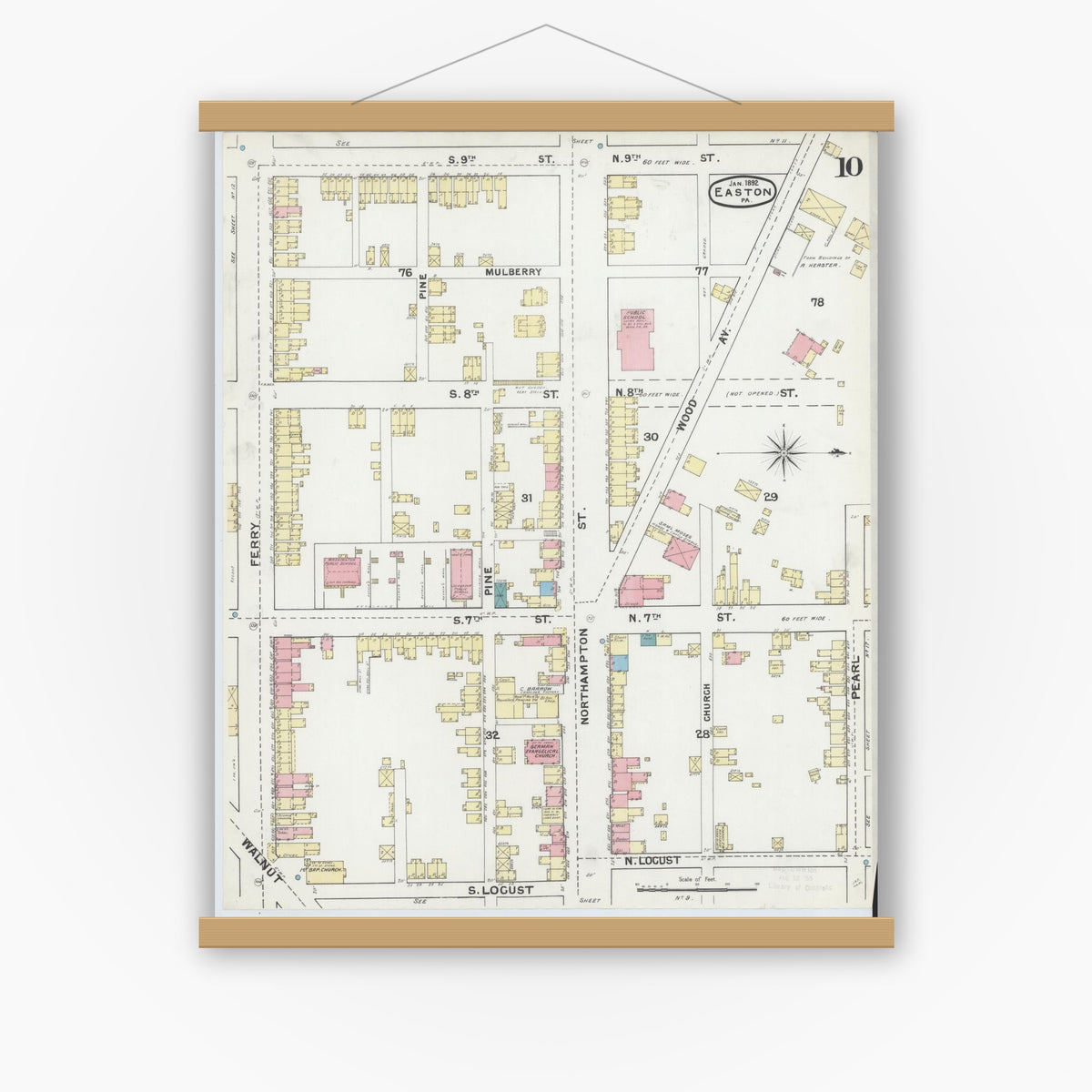 Old map wall art mockup — magnetic wood frame on white wall — Sanborn Fire Insurance Map from Easton, Northampton County, Pennsylvania (1892), Sheet #0010