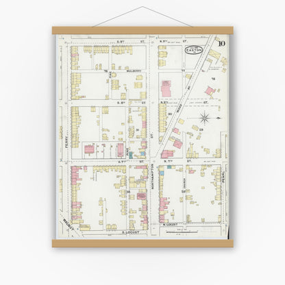 Old map wall art mockup — magnetic wood frame on white wall — Sanborn Fire Insurance Map from Easton, Northampton County, Pennsylvania (1892), Sheet #0010