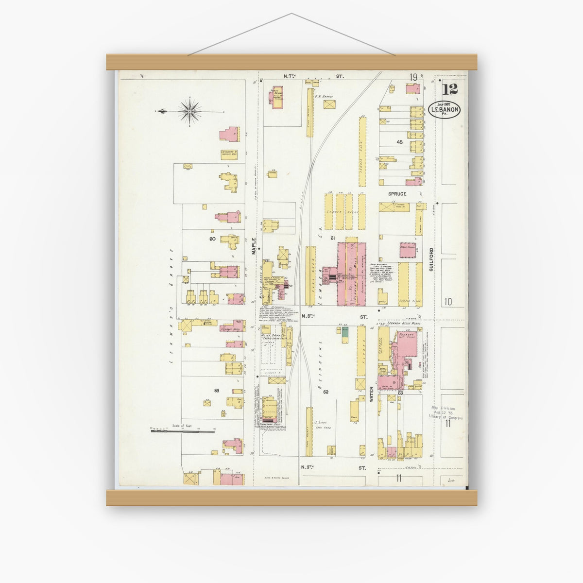 Old map wall art mockup — magnetic wood frame on white wall — Sanborn Fire Insurance Map from Lebanon, Lebanon County, Pennsylvania (1902), Sheet #0012