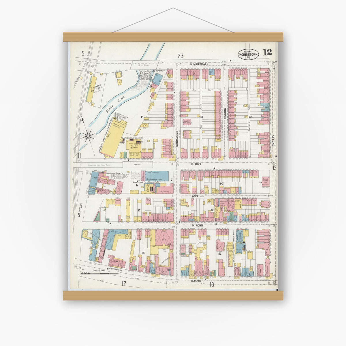 Old map wall art mockup — magnetic wood frame on white wall — Sanborn Fire Insurance Map from Norristown, Montgomery County, Pennsylvania (1902), Sheet #0012