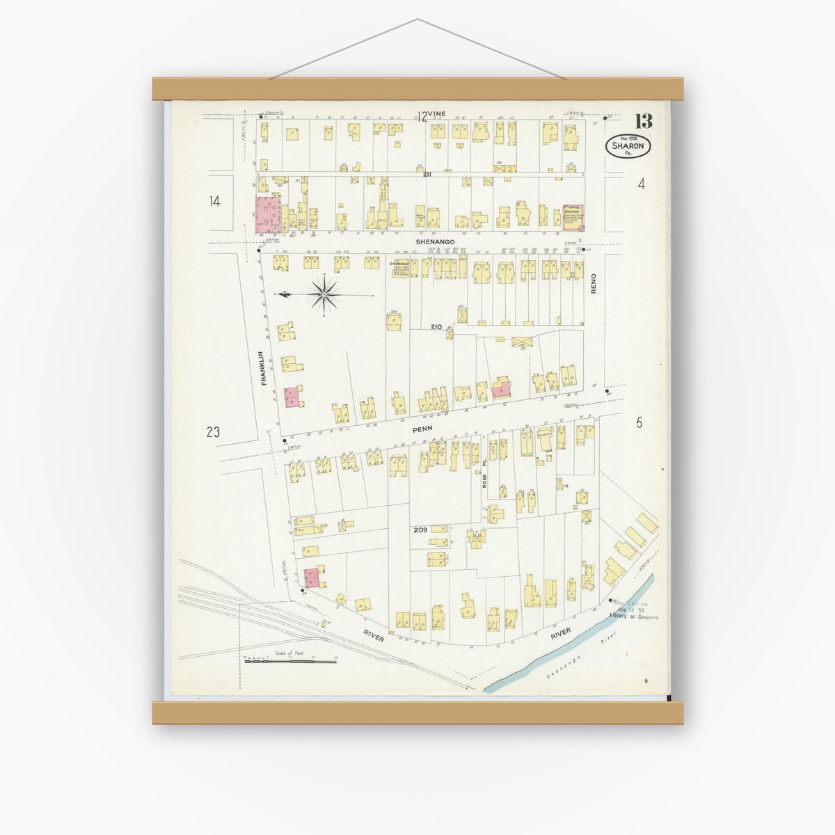 Old map wall art mockup — magnetic wood frame on white wall — Sanborn Fire Insurance Map from Sharon, Mercer County, Pennsylvania (1908), Sheet #0013