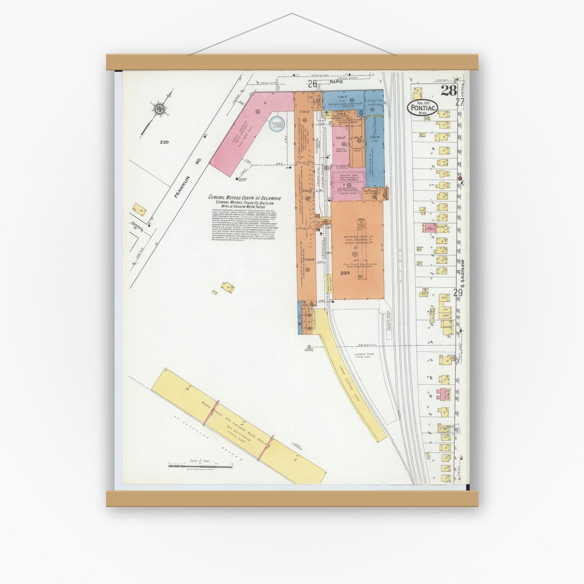 Old map wall art mockup — magnetic wood frame on white wall — Sanborn Fire Insurance Map from Pontiac, Oakland County, Michigan (1919), Sheet #0028