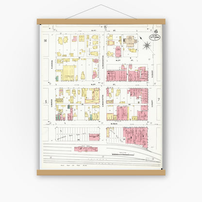 Old map wall art mockup — magnetic wood frame on white wall — Sanborn Fire Insurance Map from Ottumwa, Wapello County, Iowa (1902), Sheet #0006