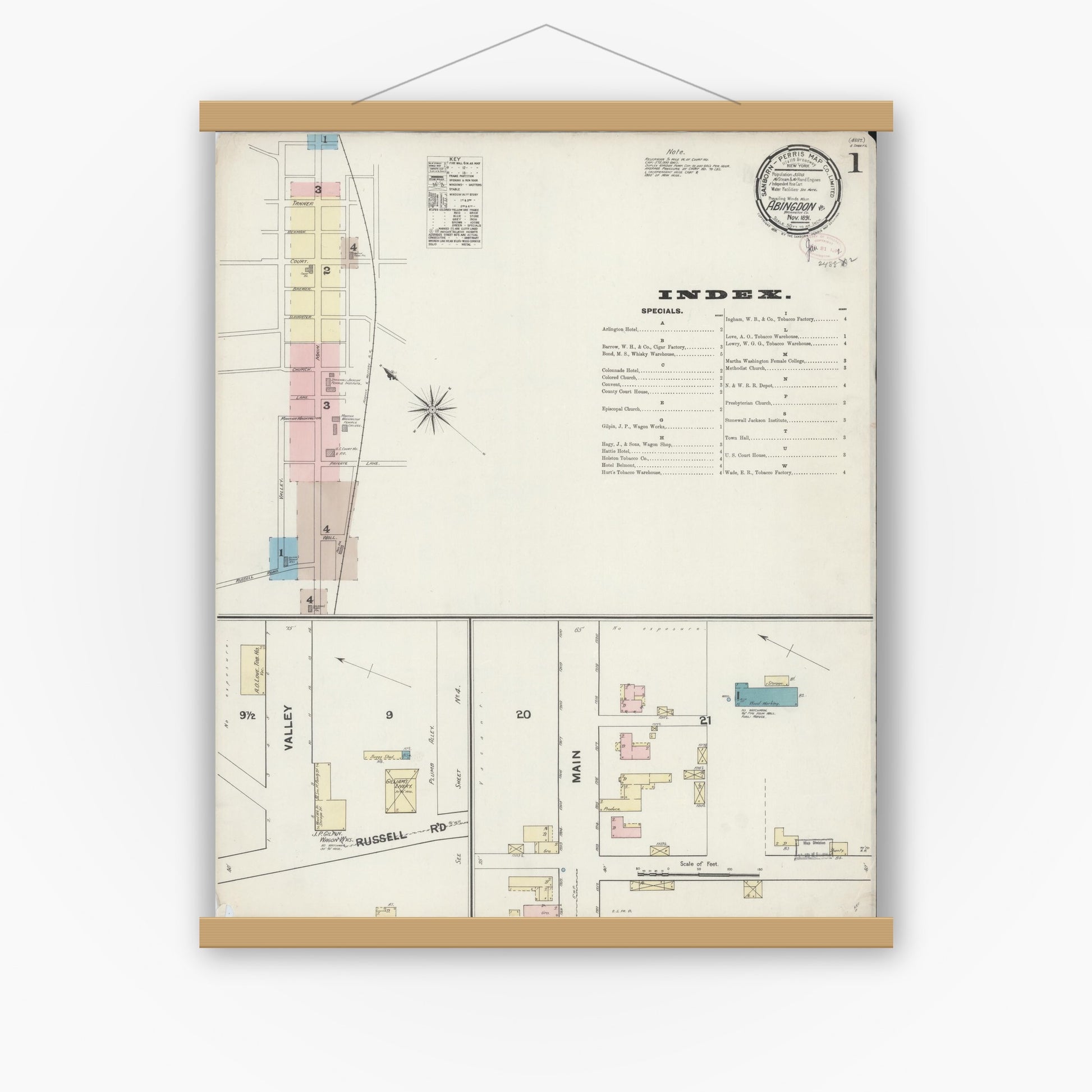 Old map wall art mockup — magnetic wood frame on white wall — Sanborn Fire Insurance Map from Abingdon, Washington County, Virginia (1891), Sheet #0001