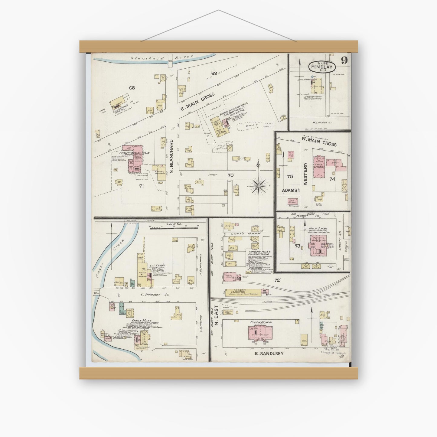 Old map wall art mockup — magnetic wood frame on white wall — Sanborn Fire Insurance Map from Findlay, Hancock County, Ohio (1887), Sheet #0009