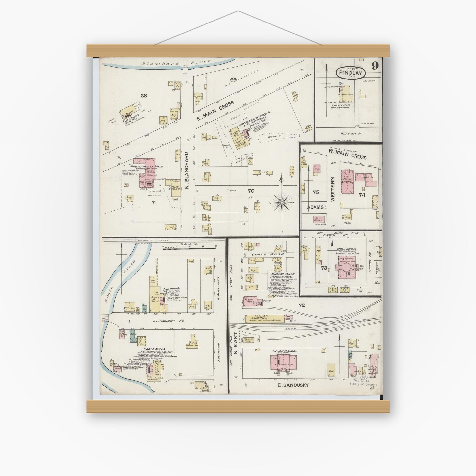 Old map wall art mockup — magnetic wood frame on white wall — Sanborn Fire Insurance Map from Findlay, Hancock County, Ohio (1887), Sheet #0009
