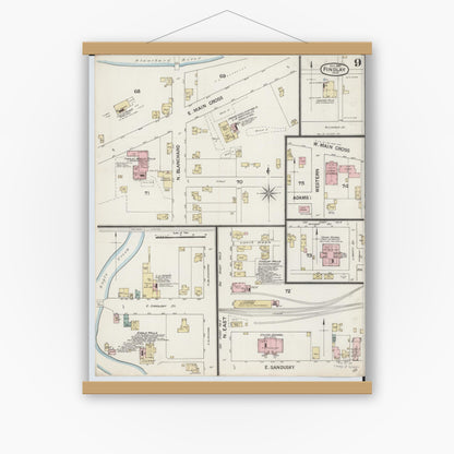 Old map wall art mockup — magnetic wood frame on white wall — Sanborn Fire Insurance Map from Findlay, Hancock County, Ohio (1887), Sheet #0009