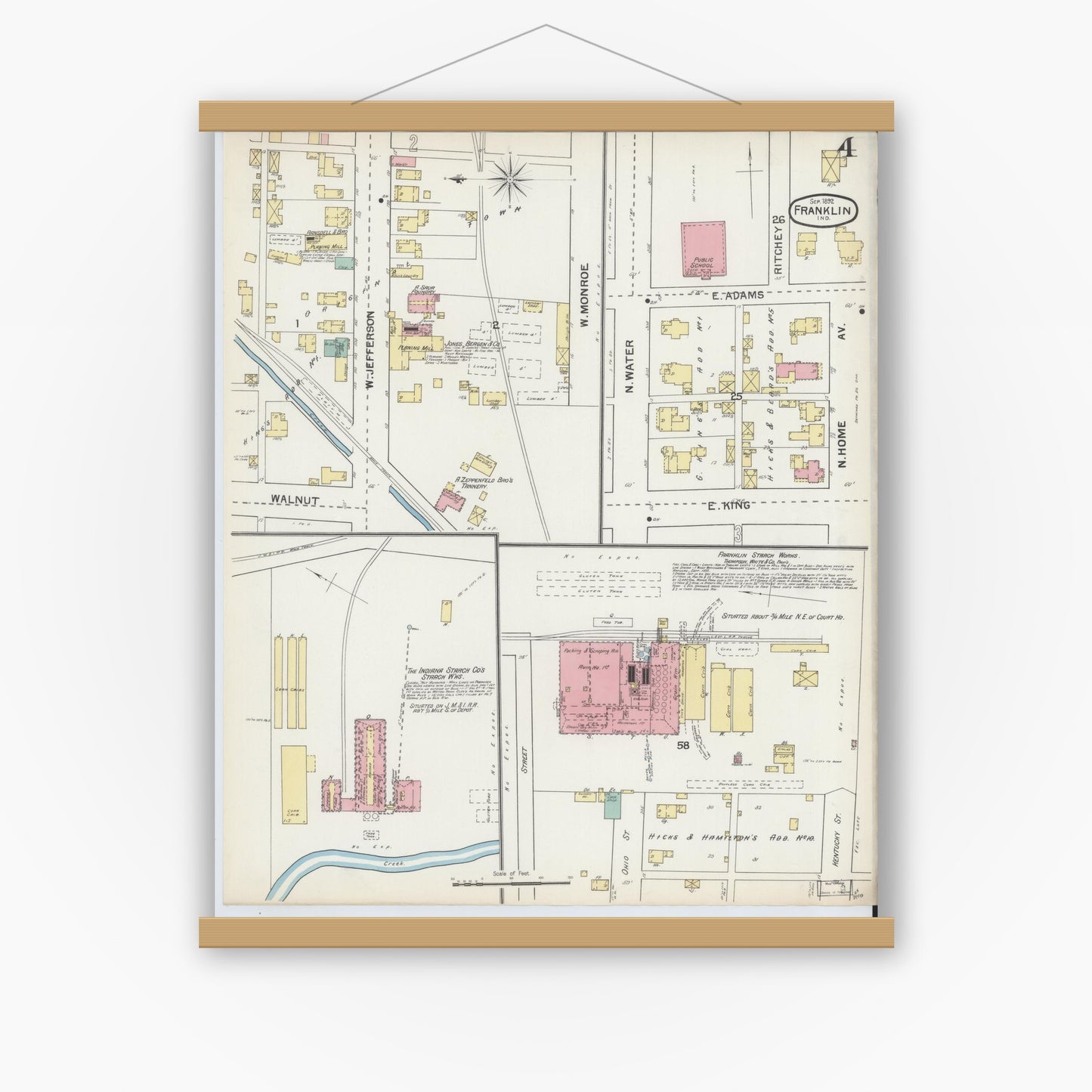 Old map wall art mockup — magnetic wood frame on white wall — Sanborn Fire Insurance Map from Franklin, Johnson County, Indiana (1892), Sheet #0004