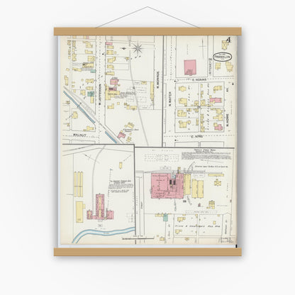 Old map wall art mockup — magnetic wood frame on white wall — Sanborn Fire Insurance Map from Franklin, Johnson County, Indiana (1892), Sheet #0004