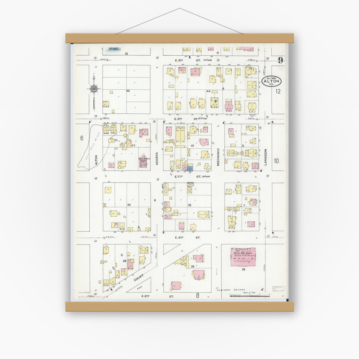 Old map wall art mockup — magnetic wood frame on white wall — Sanborn Fire Insurance Map from Alton, Madison County, Illinois (1909), Sheet #0009