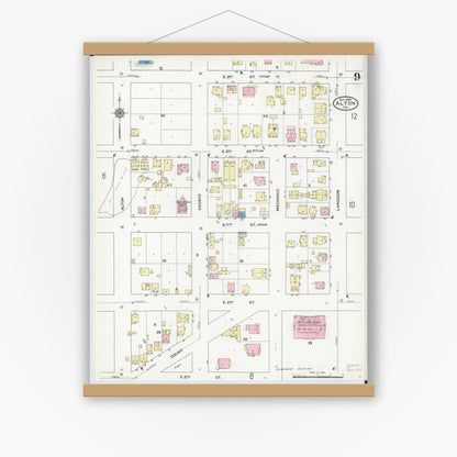 Old map wall art mockup — magnetic wood frame on white wall — Sanborn Fire Insurance Map from Alton, Madison County, Illinois (1909), Sheet #0009