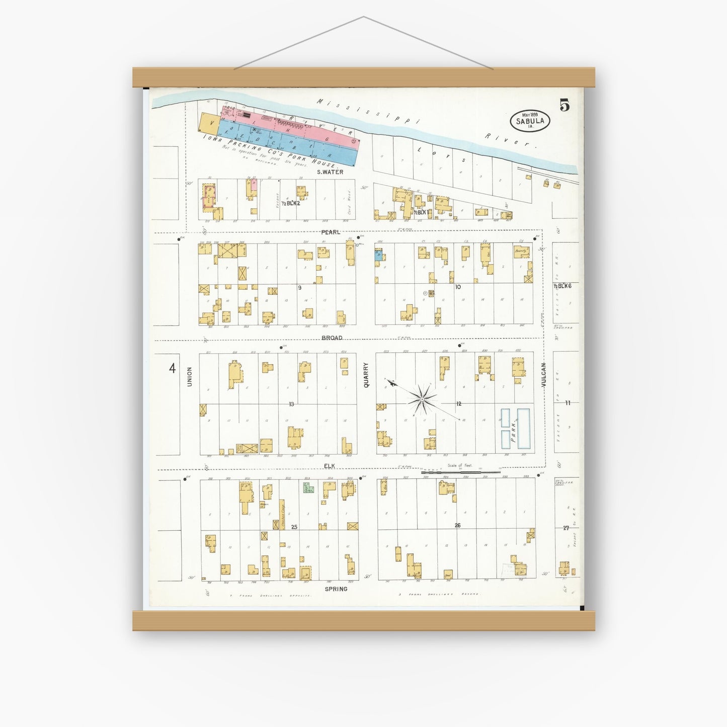 Old map wall art mockup — magnetic wood frame on white wall — Sanborn Fire Insurance Map from Sabula, Jackson County, Iowa (1899), Sheet #0005