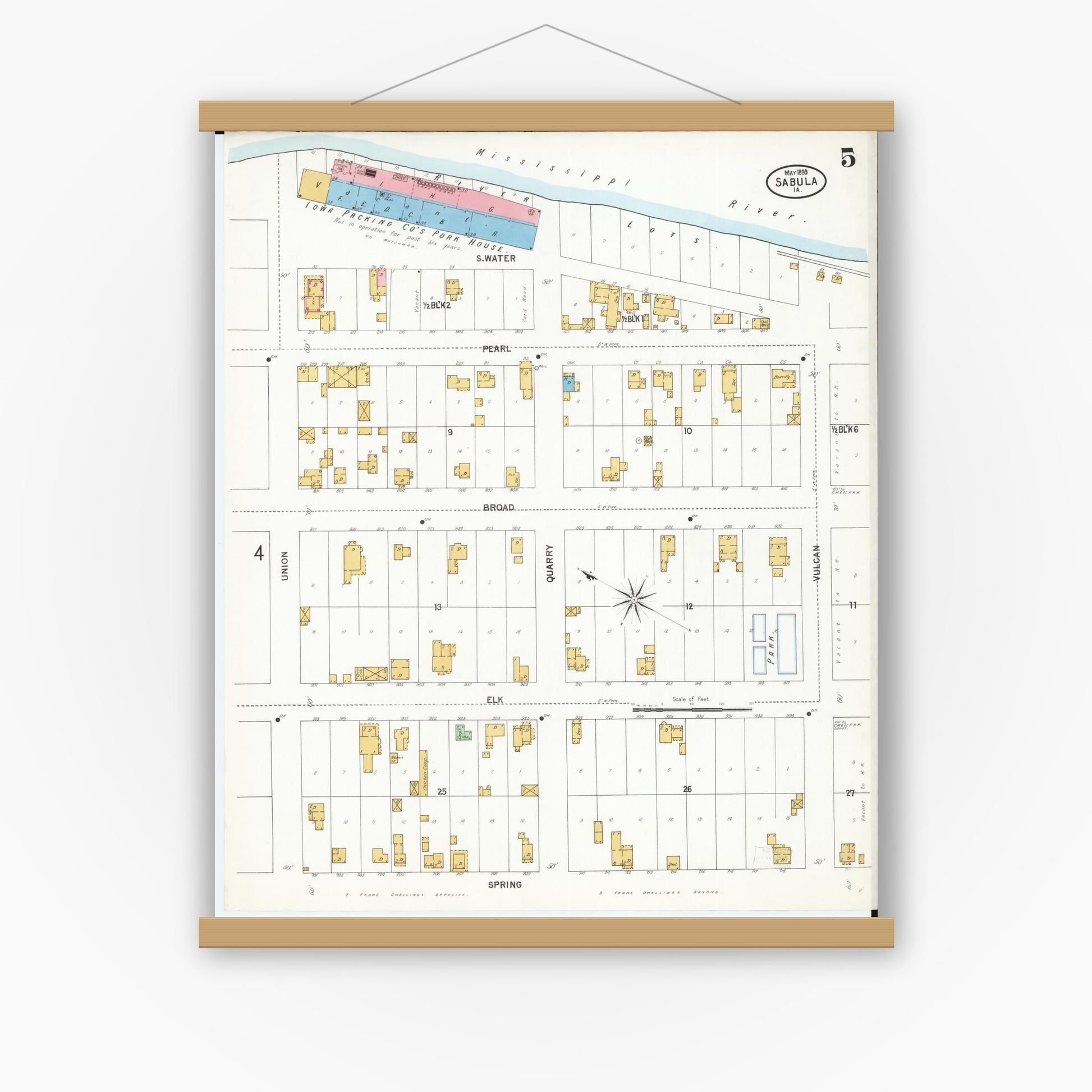 Old map wall art mockup — magnetic wood frame on white wall — Sanborn Fire Insurance Map from Sabula, Jackson County, Iowa (1899), Sheet #0005