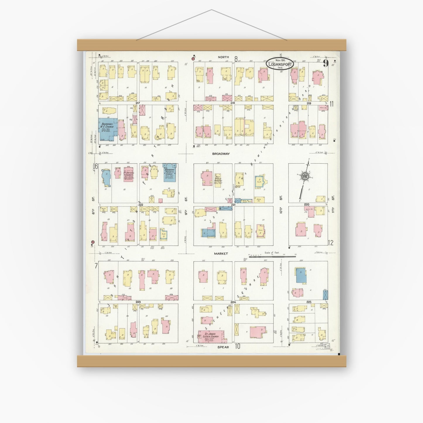 Old map wall art mockup — magnetic wood frame on white wall — Sanborn Fire Insurance Map from Logansport, Cass County, Indiana (1911), Sheet #0009