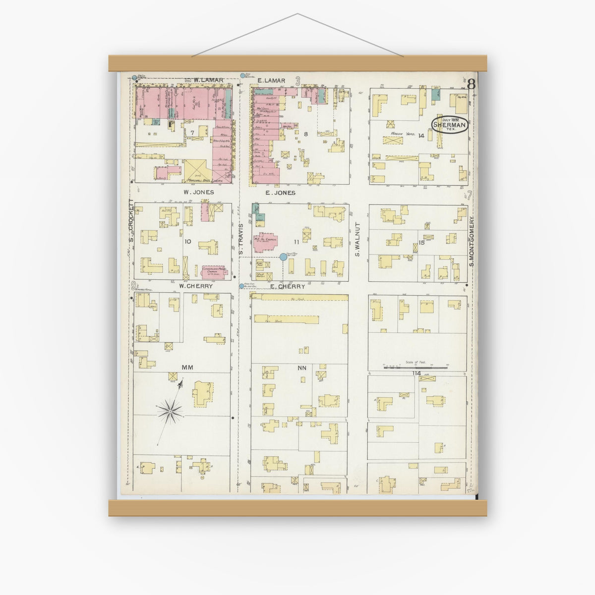 Old map wall art mockup — magnetic wood frame on white wall — Sanborn Fire Insurance Map from Sherman, Grayson County, Texas (1892), Sheet #0008