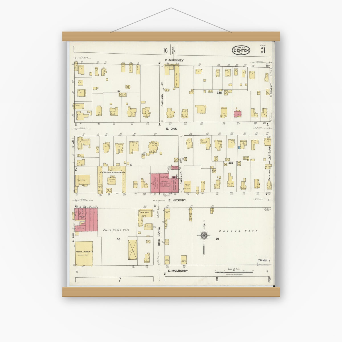 Old map wall art mockup — magnetic wood frame on white wall — Sanborn Fire Insurance Map from Denton, Denton County, Texas (1921), Sheet #0003