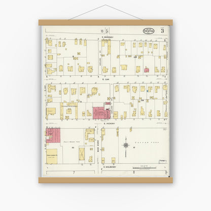 Old map wall art mockup — magnetic wood frame on white wall — Sanborn Fire Insurance Map from Denton, Denton County, Texas (1921), Sheet #0003