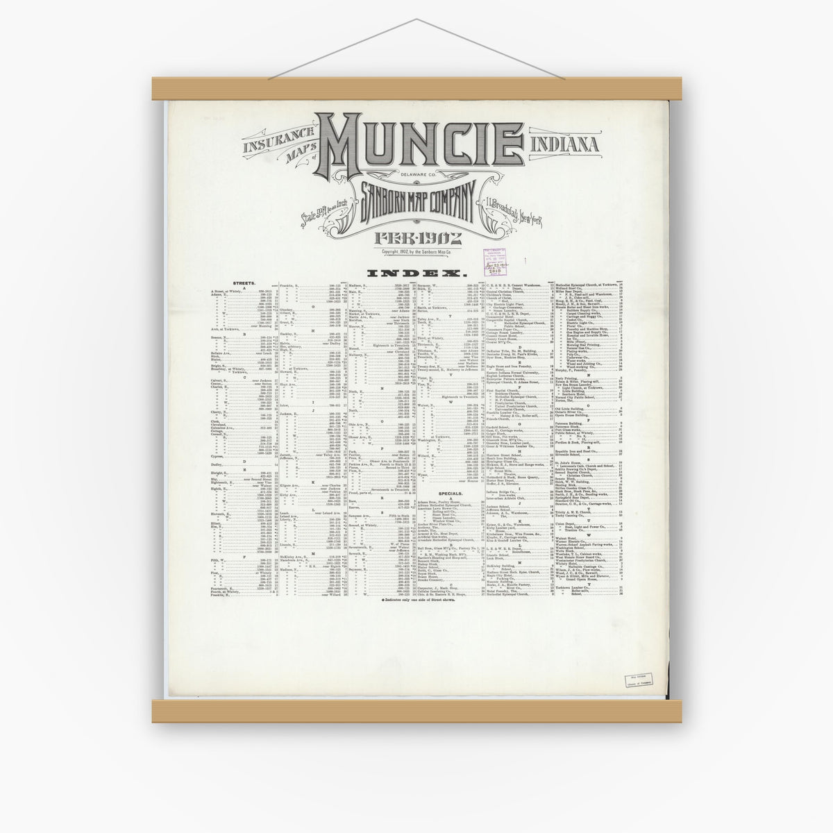 Old map wall art mockup — magnetic wood frame on white wall — Sanborn Fire Insurance Map from Muncie, Delaware County, Indiana (1902), Sheet #0001