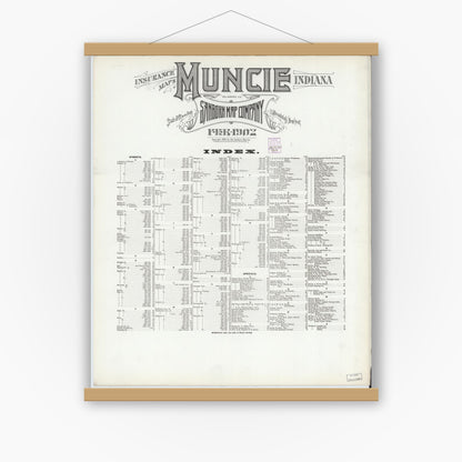 Old map wall art mockup — magnetic wood frame on white wall — Sanborn Fire Insurance Map from Muncie, Delaware County, Indiana (1902), Sheet #0001