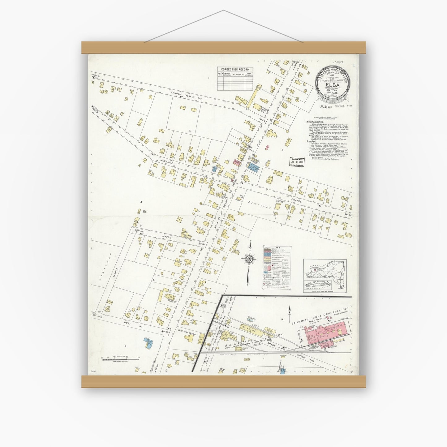 Old map wall art mockup — magnetic wood frame on white wall — Sanborn Fire Insurance Map from Elba, Genesee County, New York (1936), Sheet #0001