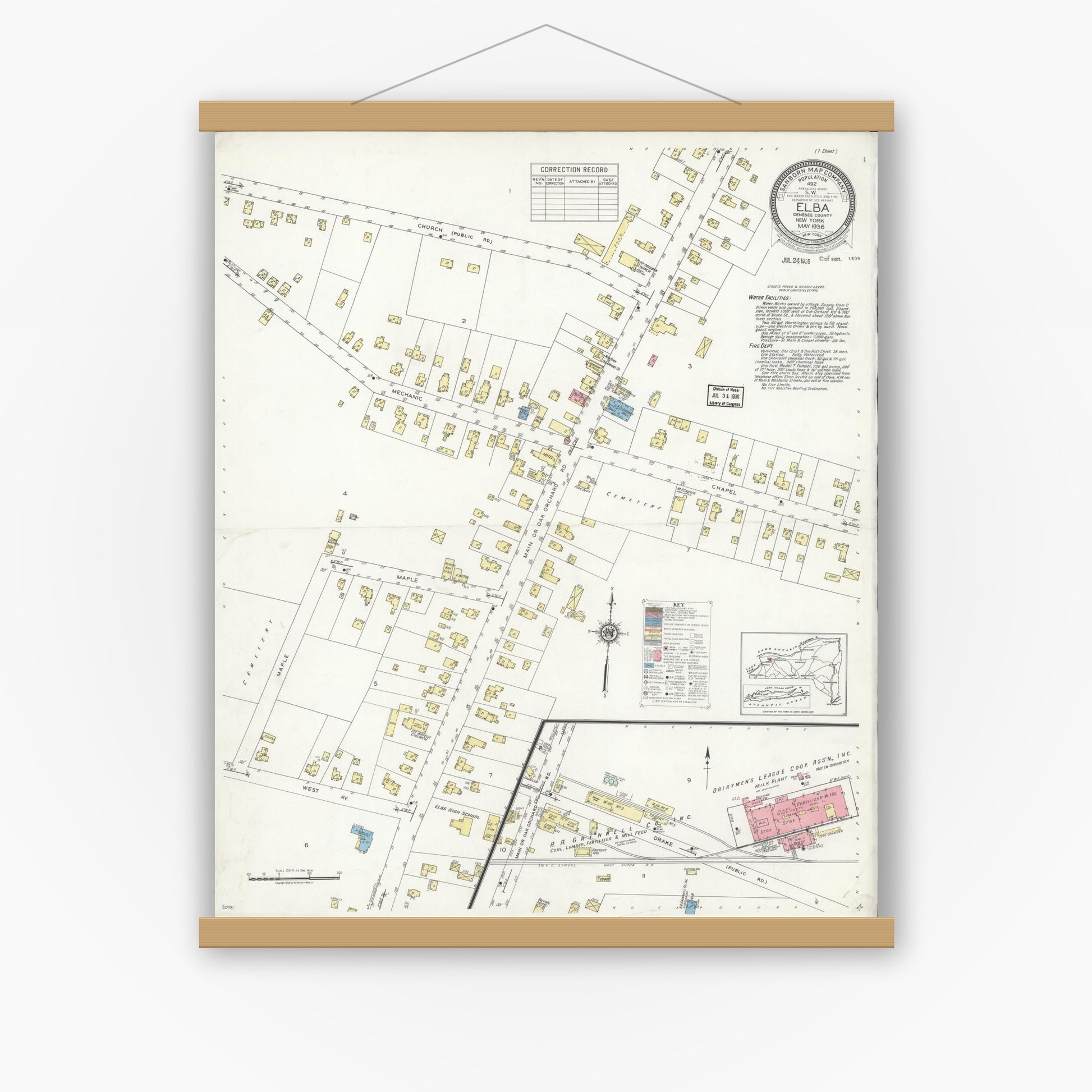 Old map wall art mockup — magnetic wood frame on white wall — Sanborn Fire Insurance Map from Elba, Genesee County, New York (1936), Sheet #0001
