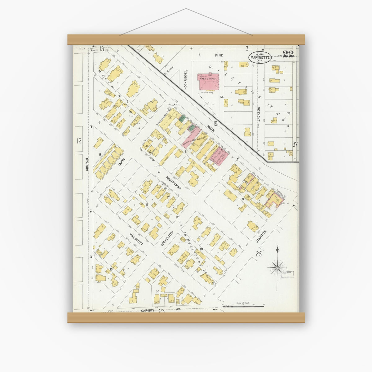 Old map wall art mockup — magnetic wood frame on white wall — Sanborn Fire Insurance Map from Marinette, Marinette County, Wisconsin (1901), Sheet #0022