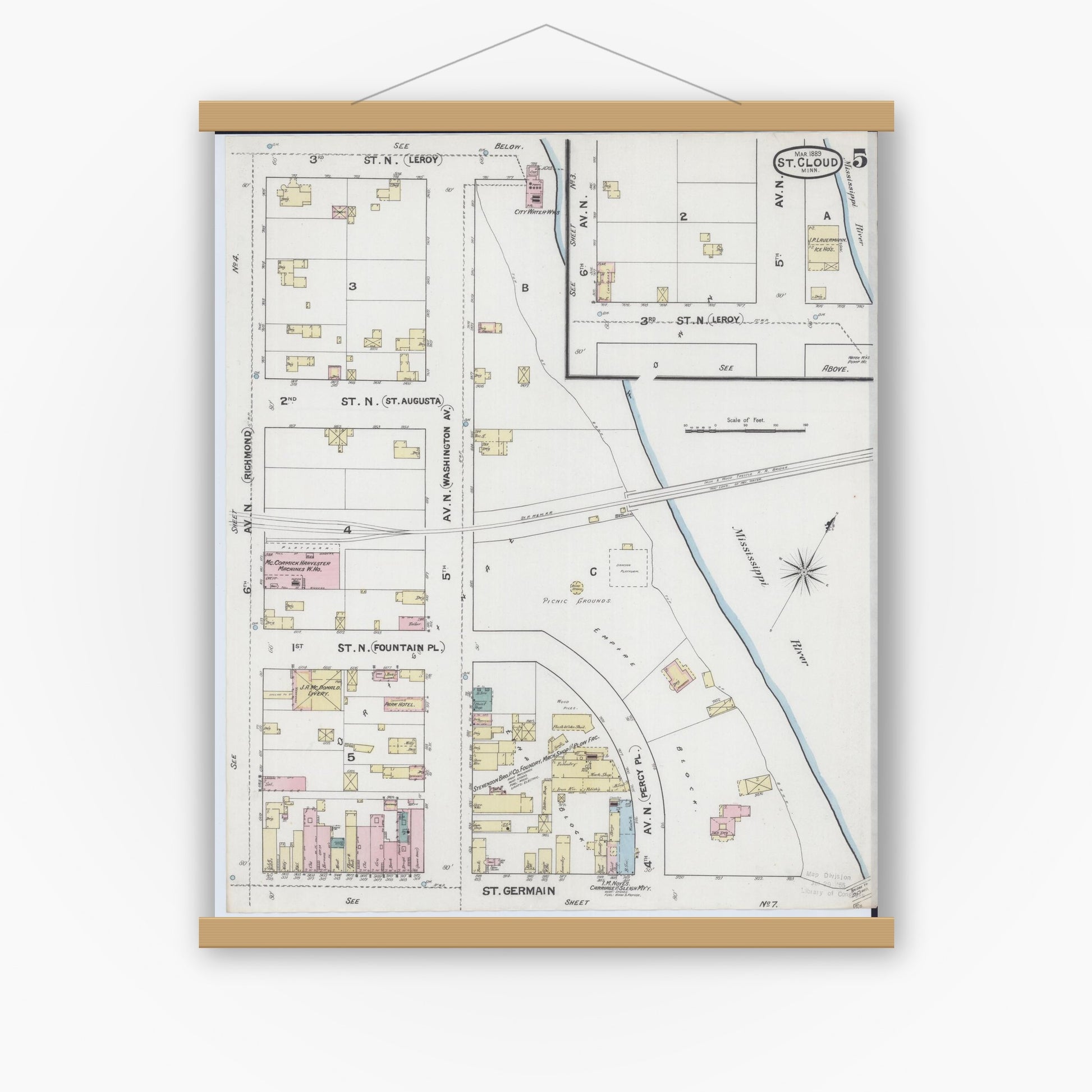 Old map wall art mockup — magnetic wood frame on white wall — Sanborn Fire Insurance Map from Saint Cloud, Stearns, Benton, and Sherburne Counties, Minnesota (1889), Sheet #0005