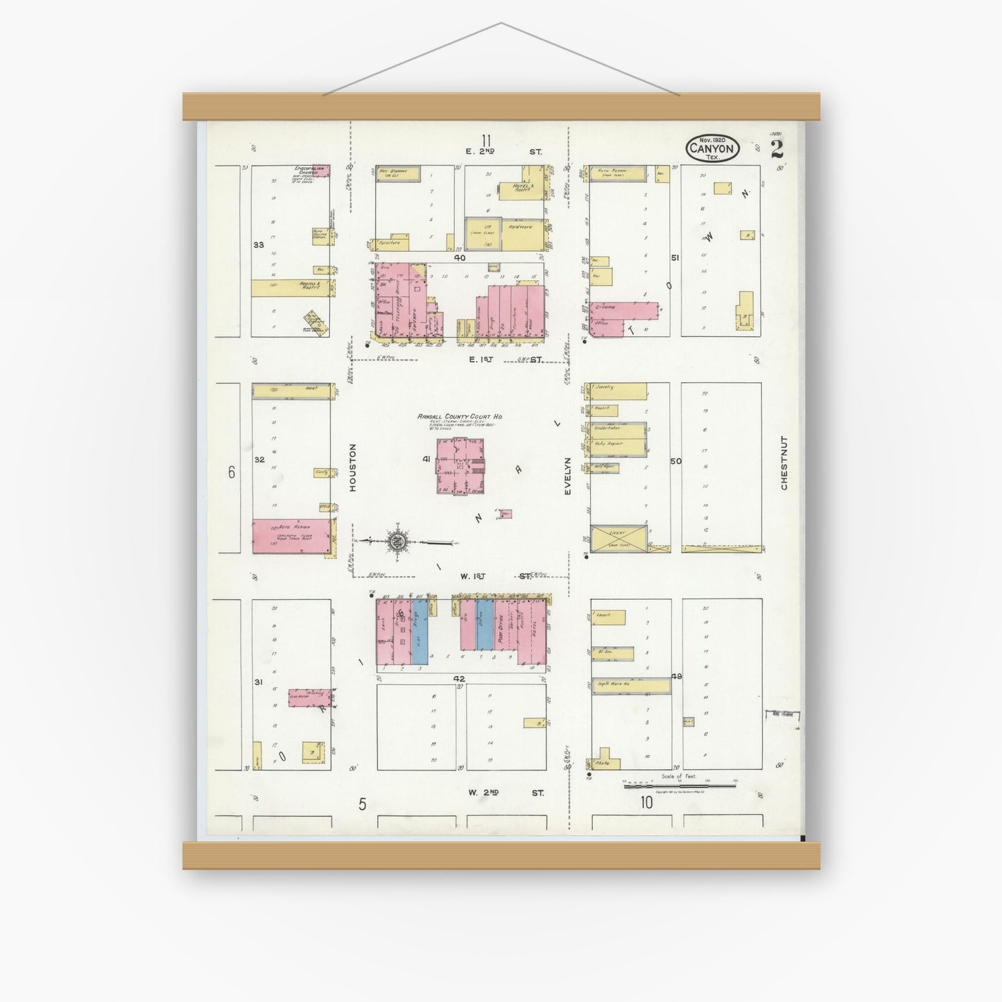 Old map wall art mockup — magnetic wood frame on white wall — Sanborn Fire Insurance Map from Canyon, Randall County, Texas (1920), Sheet #0002