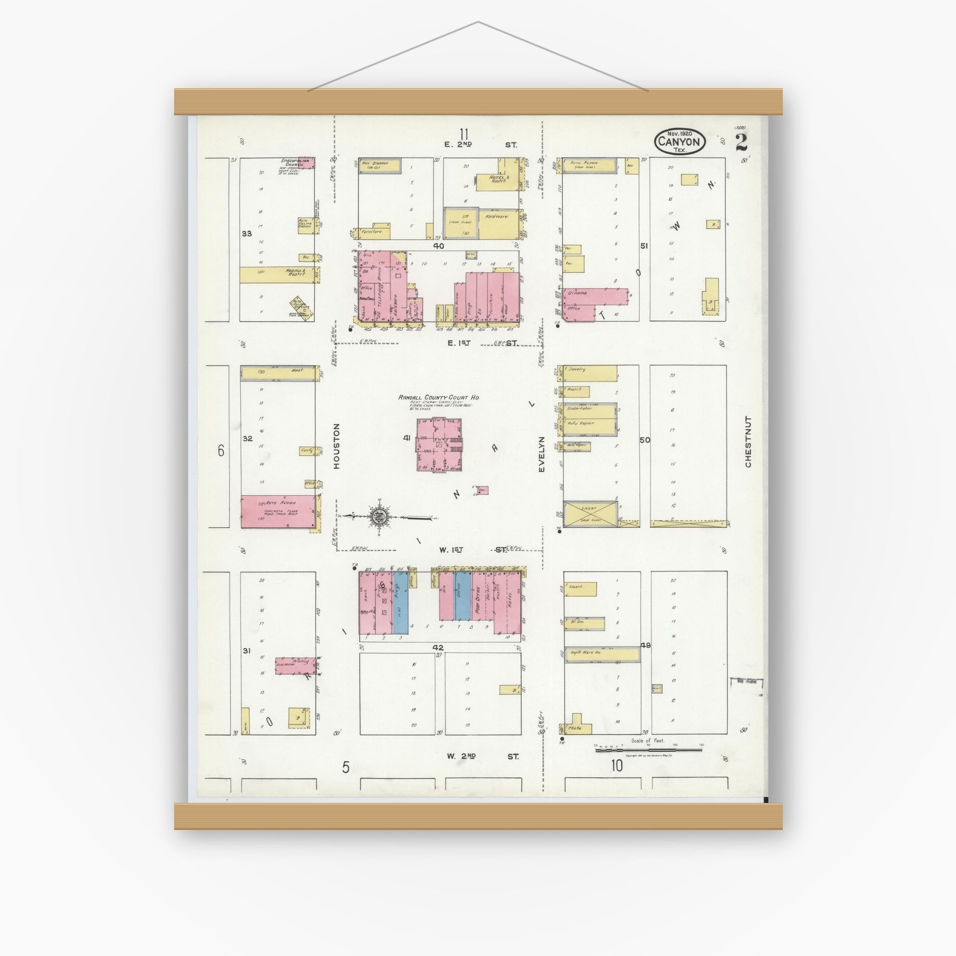 Old map wall art mockup — magnetic wood frame on white wall — Sanborn Fire Insurance Map from Canyon, Randall County, Texas (1920), Sheet #0002