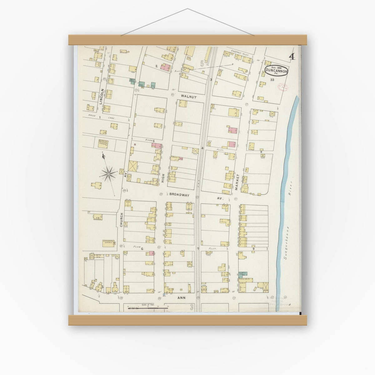 Old map wall art mockup — magnetic wood frame on white wall — Sanborn Fire Insurance Map from Duncannon, Perry County, Pennsylvania (1894), Sheet #0004