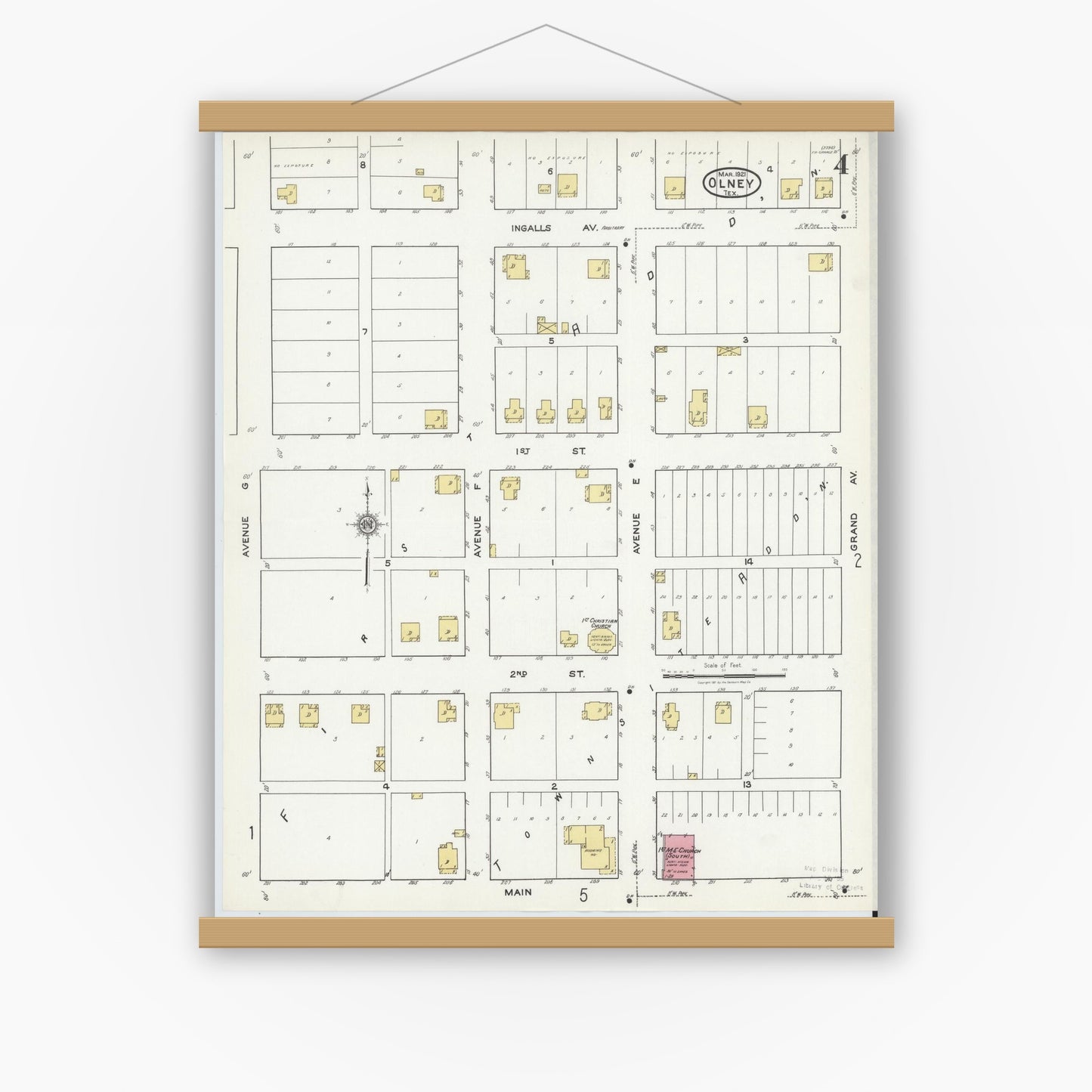 Old map wall art mockup — magnetic wood frame on white wall — Sanborn Fire Insurance Map from Olney, Young County, Texas (1921), Sheet #0004