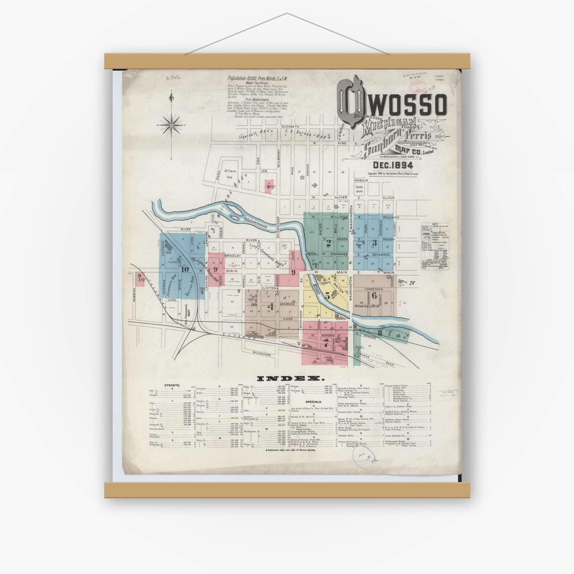 Old map wall art mockup — magnetic wood frame on white wall — Sanborn Fire Insurance Map from Owosso, Shiawassee County, Michigan (1894), Sheet #0001