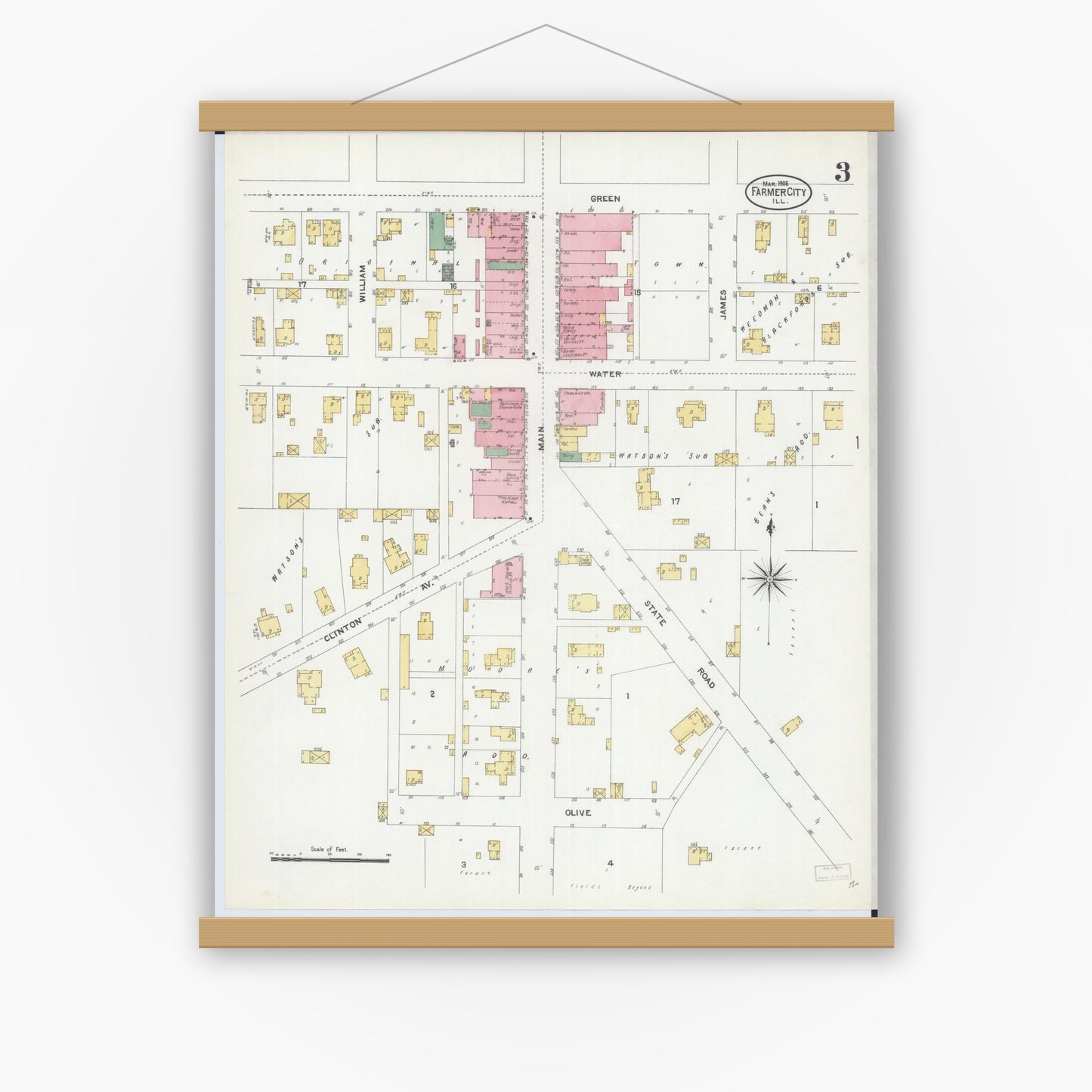 Old map wall art mockup — magnetic wood frame on white wall — Sanborn Fire Insurance Map from Farmer City, De Witt County, Illinois (1906), Sheet #0003