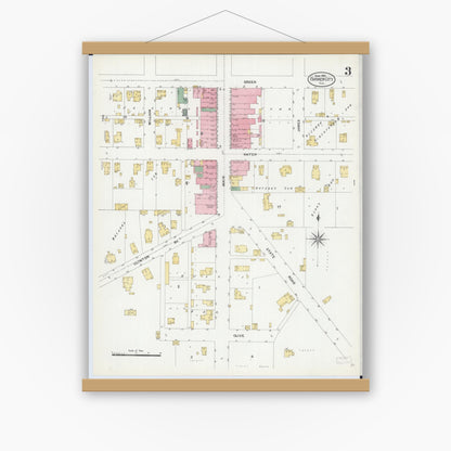 Old map wall art mockup — magnetic wood frame on white wall — Sanborn Fire Insurance Map from Farmer City, De Witt County, Illinois (1906), Sheet #0003