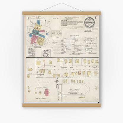 Old map wall art mockup — magnetic wood frame on white wall — Sanborn Fire Insurance Map from Woodsfield, Monroe County, Ohio (1949) - Complete Map Set