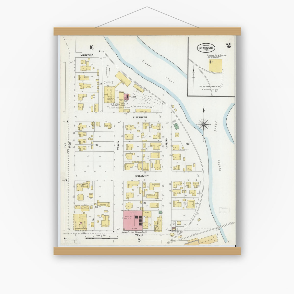 Old map wall art mockup — magnetic wood frame on white wall — Sanborn Fire Insurance Map from Beaumont, Jefferson County, Texas (1902), Sheet #0002