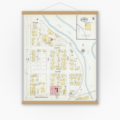 Old map wall art mockup — magnetic wood frame on white wall — Sanborn Fire Insurance Map from Beaumont, Jefferson County, Texas (1902), Sheet #0002