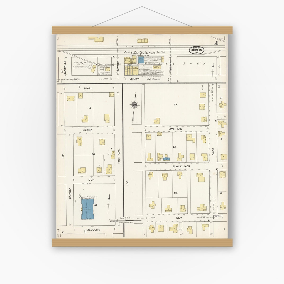 Old map wall art mockup — magnetic wood frame on white wall — Sanborn Fire Insurance Map from Dublin, Erath County, Texas (1921), Sheet #0004